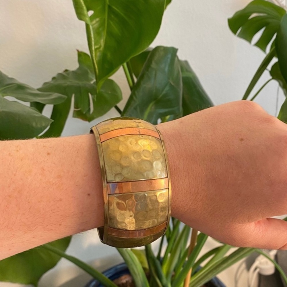 Solid Brass & Copper Bangle - Hammered Metal Indi… - image 1